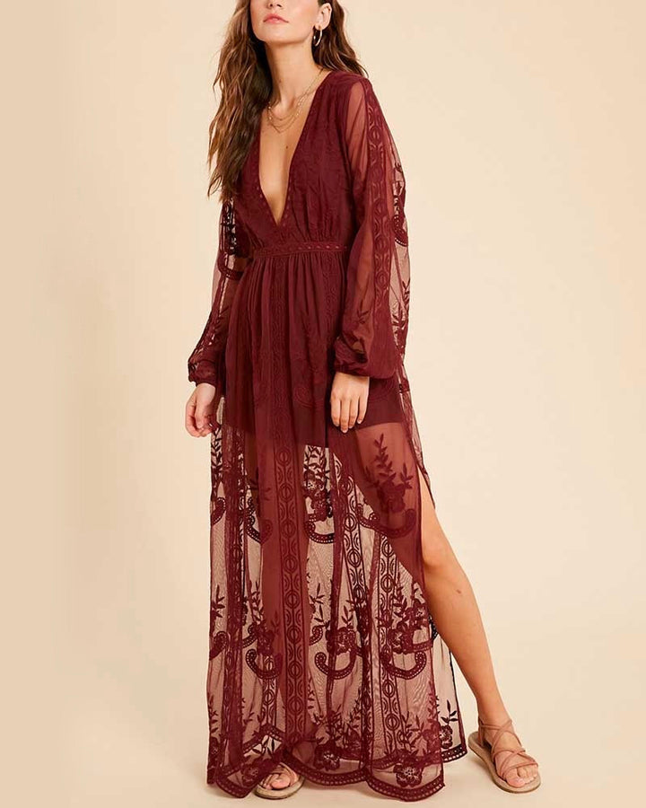 As You Wish Balloon Long Sleeve Embroidered Maxi Dress in More Colors