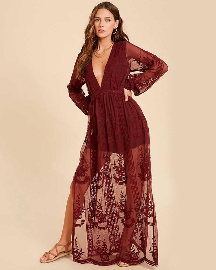 As You Wish Balloon Long Sleeve Embroidered Maxi Dress in More Colors