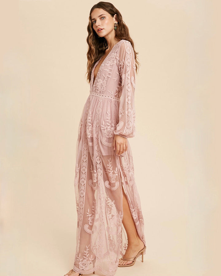 As You Wish Balloon Long Sleeve Embroidered Maxi Dress in More Colors