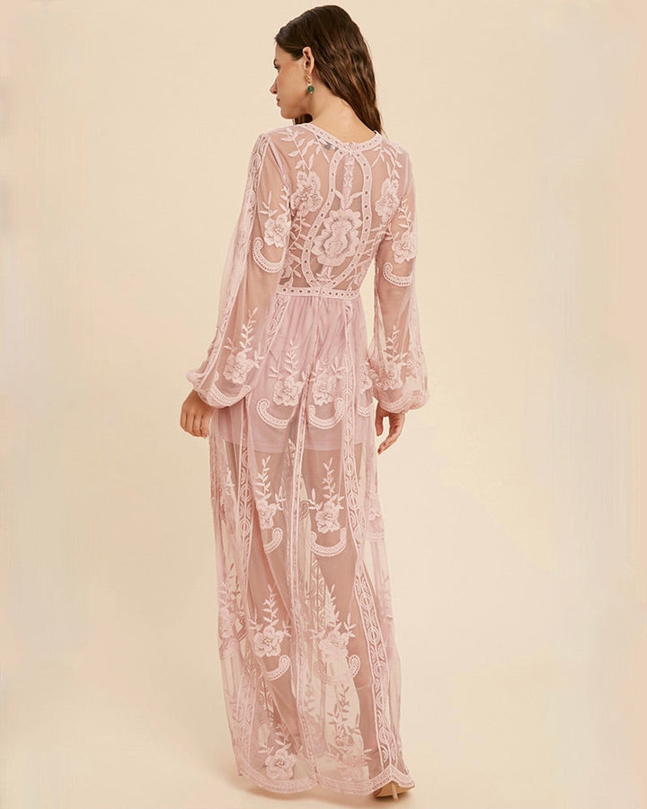 As You Wish Balloon Long Sleeve Embroidered Maxi Dress in More Colors