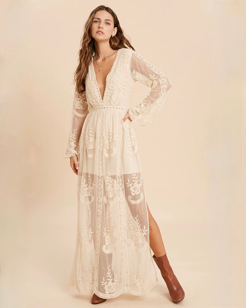 As You Wish Balloon Long Sleeve Embroidered Maxi Dress in More Colors