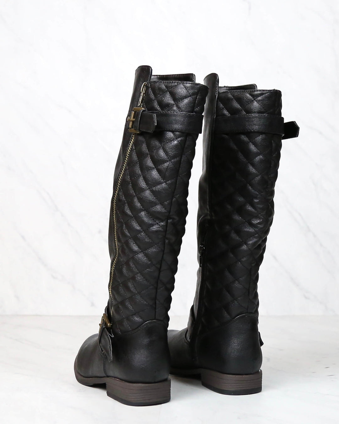 Tall Quilted Riding Boot with Buckle Detail in Black