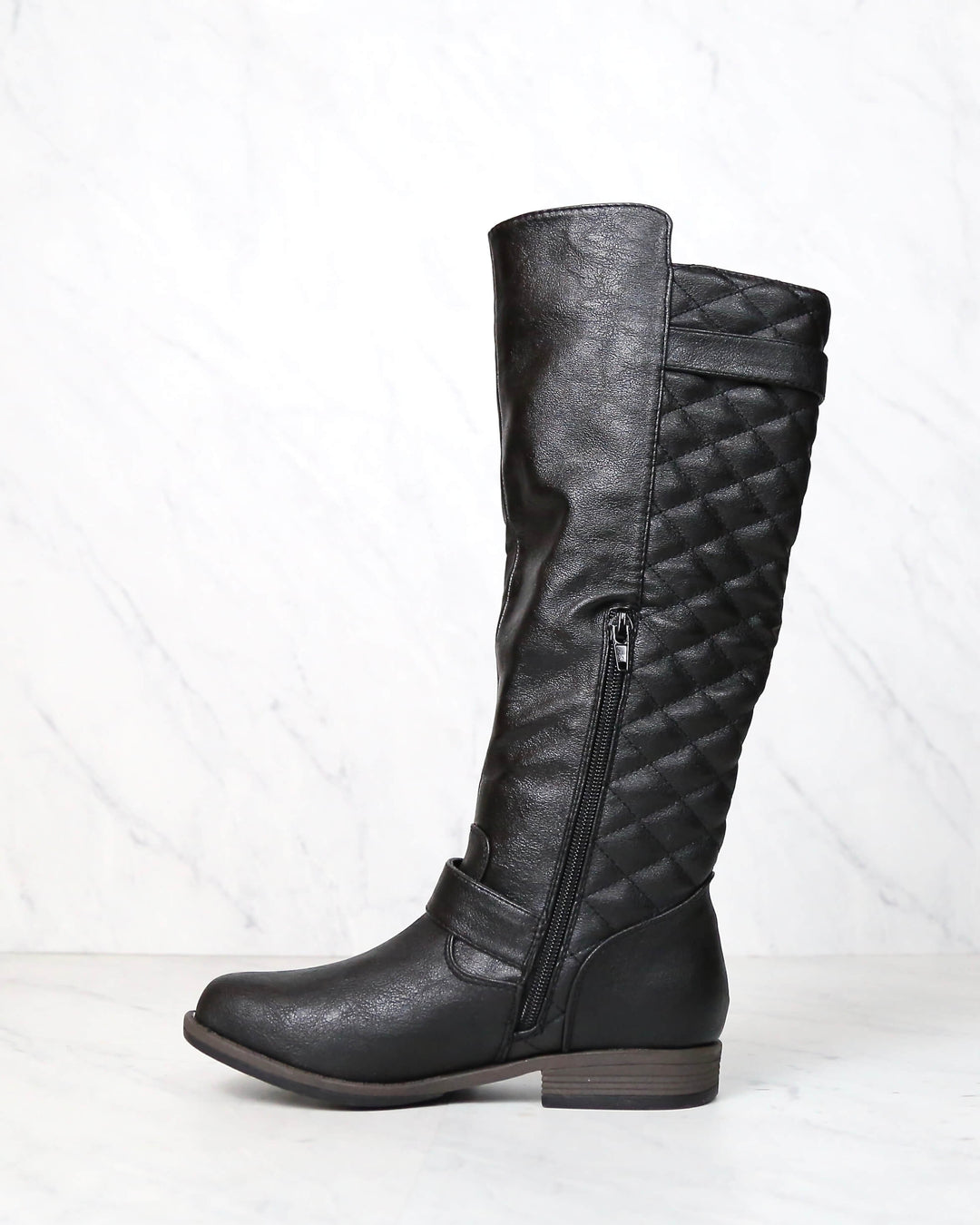 Tall Quilted Riding Boot with Buckle Detail in Black