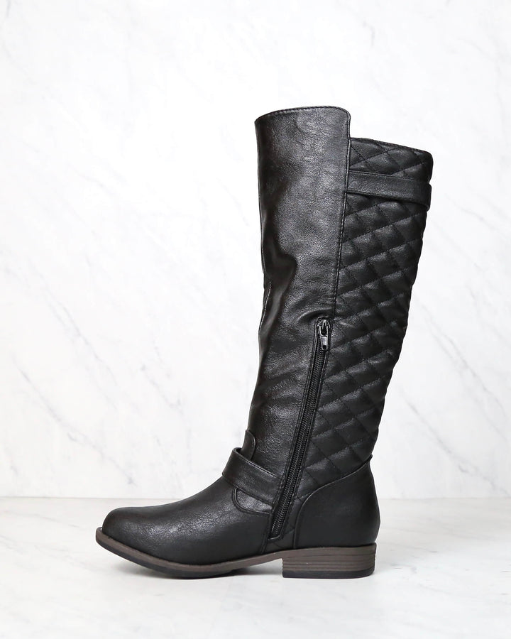 Tall Quilted Riding Boot with Buckle Detail in Black