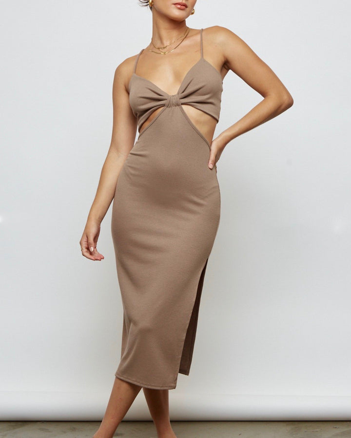 cut out - side slit - midi dress - ribbed - beige