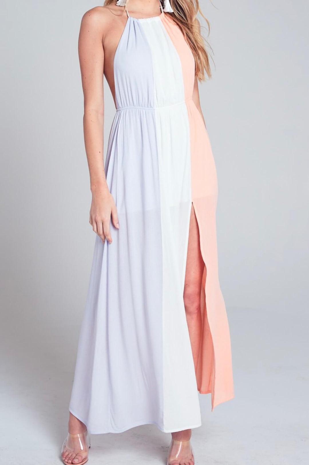 Final Sale - Blue Blush Halterneck Maxi Dress With Leg Slit in Ivory Multi