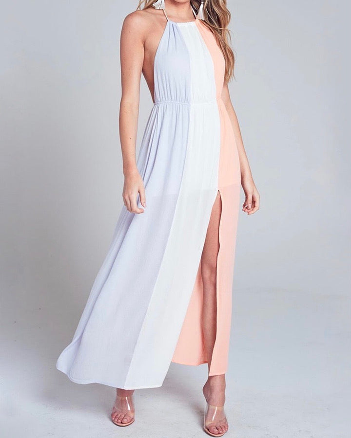 Final Sale - Blue Blush Halterneck Maxi Dress With Leg Slit in Ivory Multi