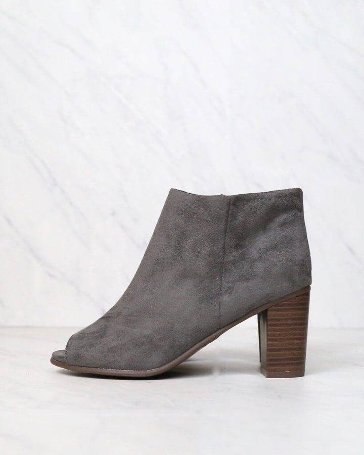 Emma Vegan Suede Peep Toe Chunky Heel Booties in Grey