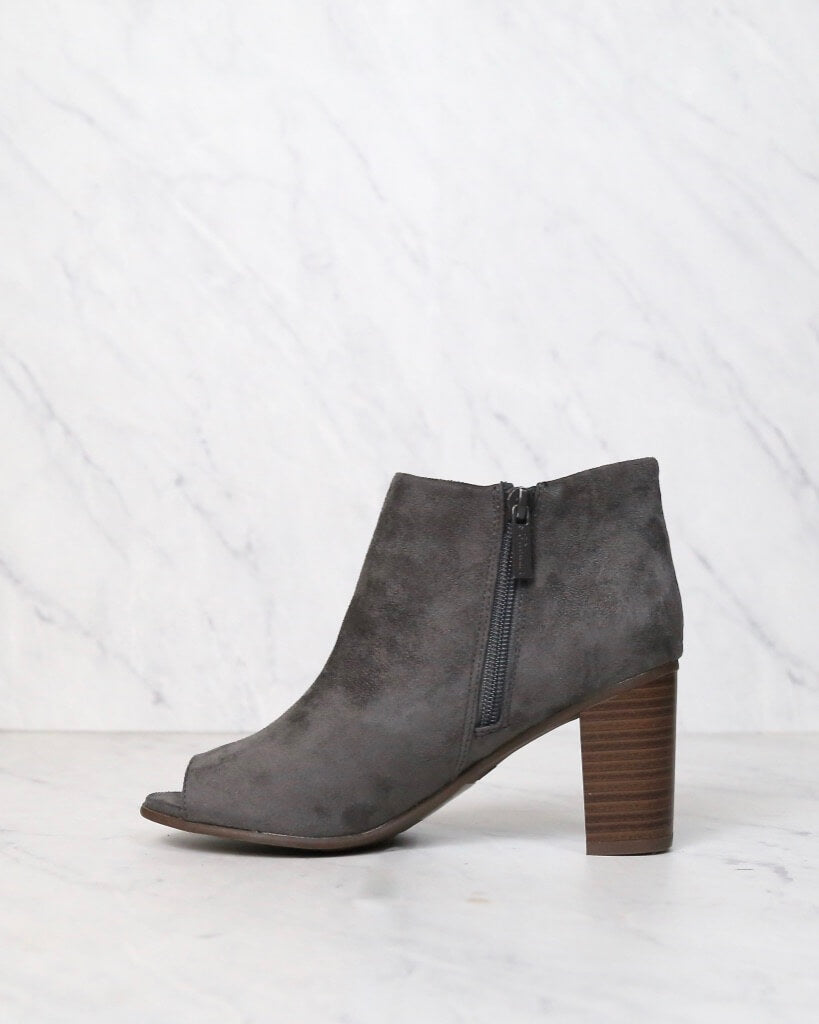 Emma Vegan Suede Peep Toe Chunky Heel Booties in Grey