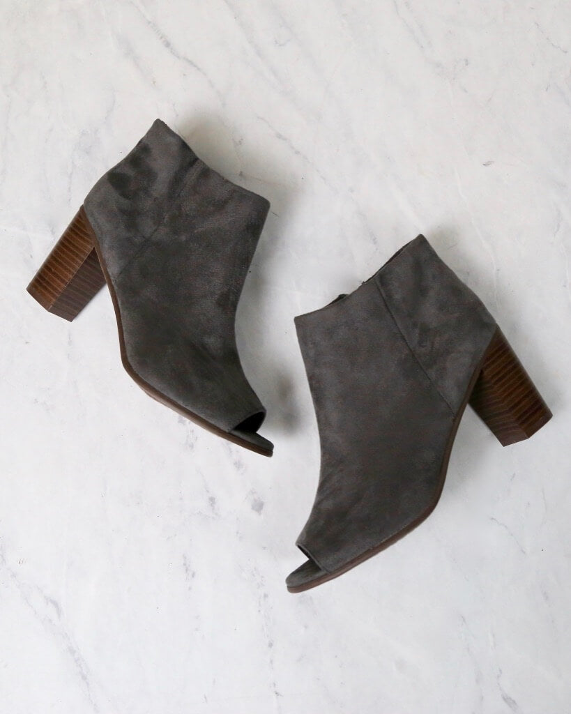 Emma Vegan Suede Peep Toe Chunky Heel Booties in Grey