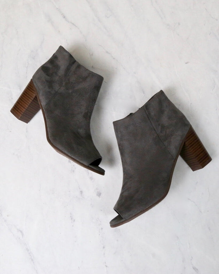 Emma Vegan Suede Peep Toe Chunky Heel Booties in Grey