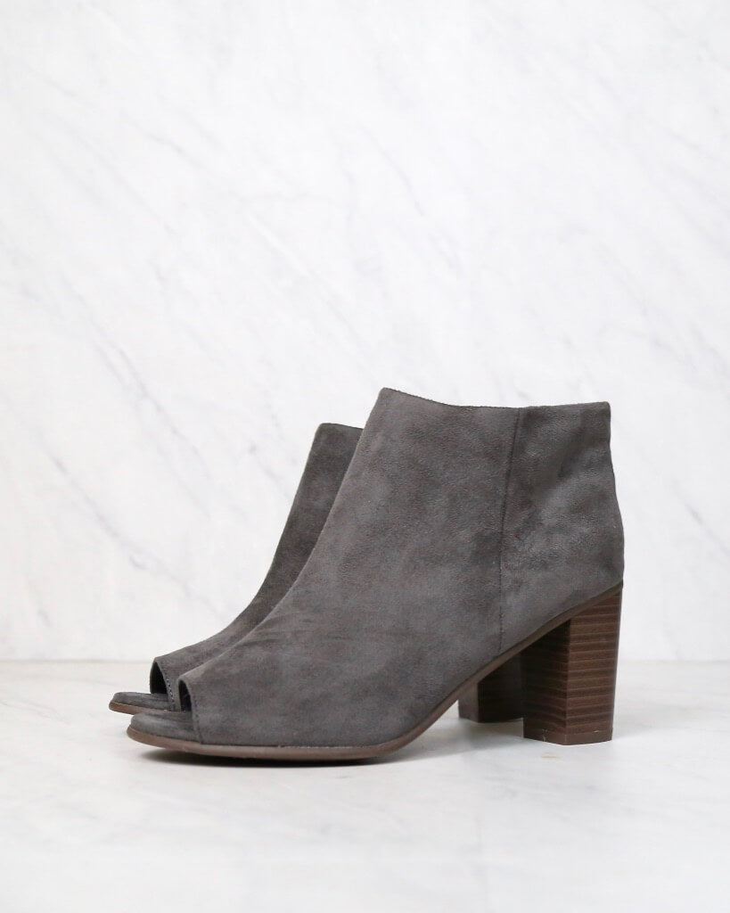 Emma Vegan Suede Peep Toe Chunky Heel Booties in Grey