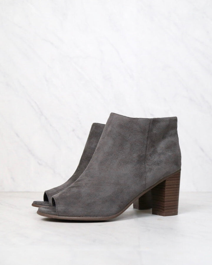 Emma Vegan Suede Peep Toe Chunky Heel Booties in Grey
