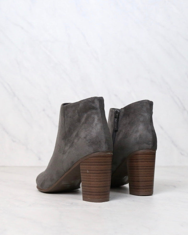 Emma Vegan Suede Peep Toe Chunky Heel Booties in Grey