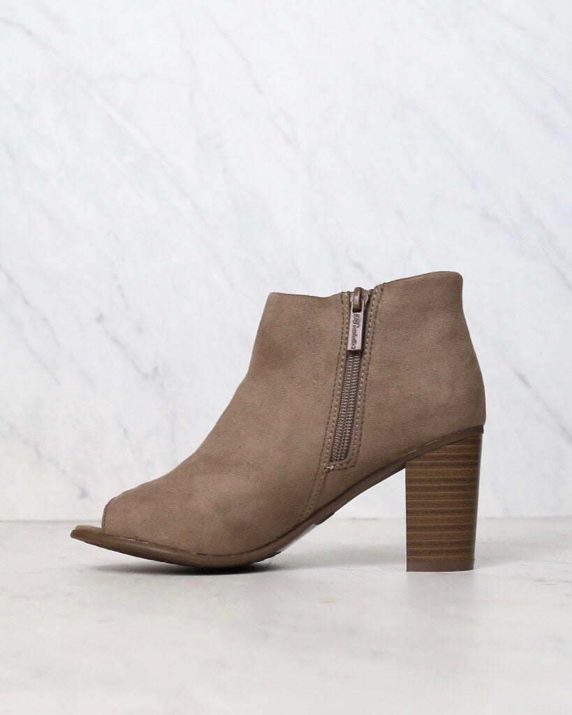 Emma Vegan Suede Peep Toe Chunky Heel Booties in Taupe