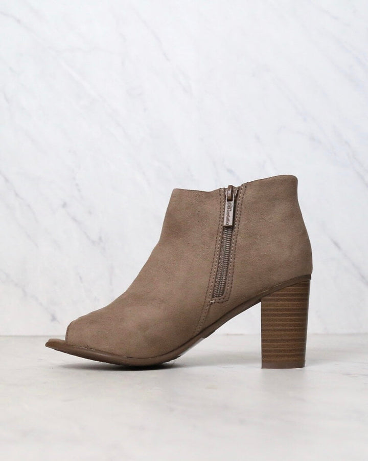 Emma Vegan Suede Peep Toe Chunky Heel Booties in Taupe