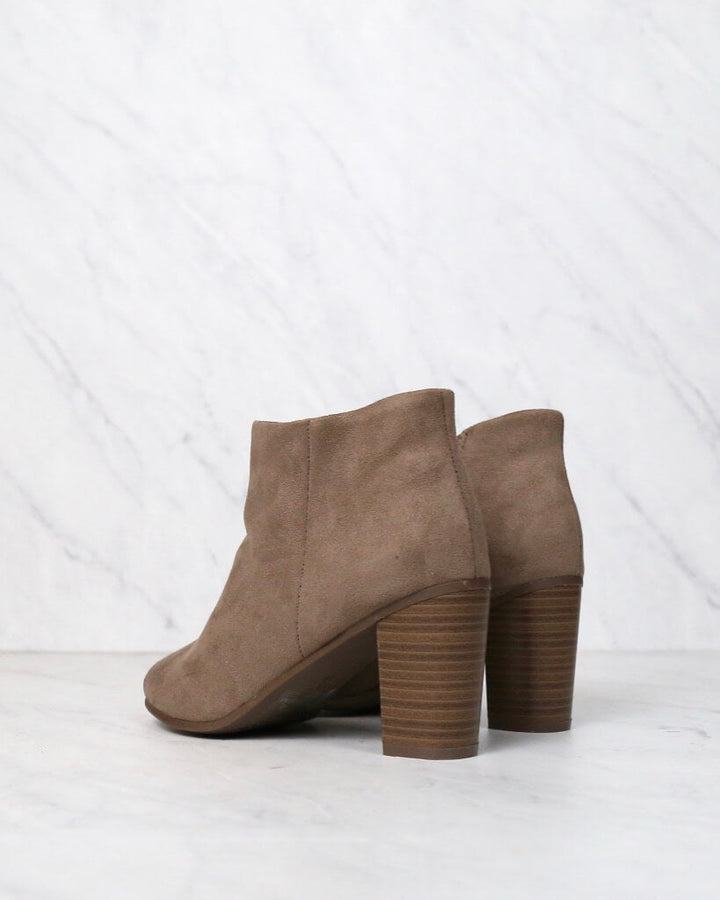 Emma Vegan Suede Peep Toe Chunky Heel Booties in Taupe