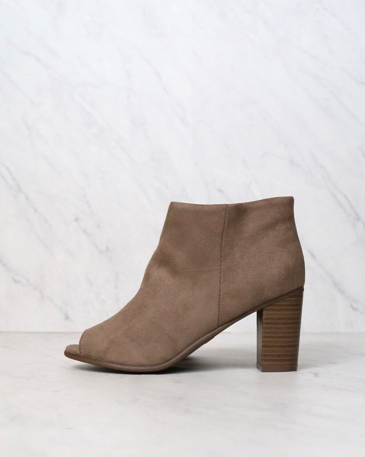 Emma Vegan Suede Peep Toe Chunky Heel Booties in Taupe