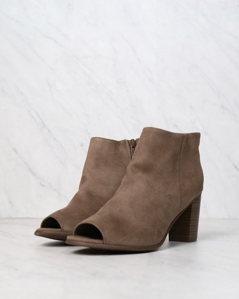 Emma Vegan Suede Peep Toe Chunky Heel Booties in Taupe