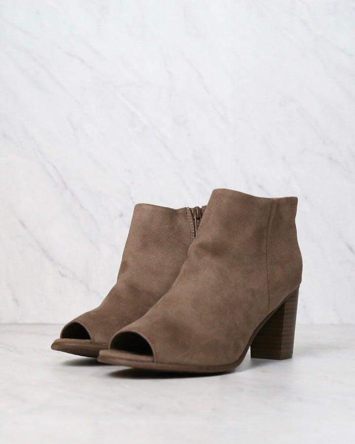 Emma Vegan Suede Peep Toe Chunky Heel Booties in Taupe