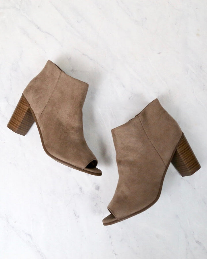Emma Vegan Suede Peep Toe Chunky Heel Booties in Taupe