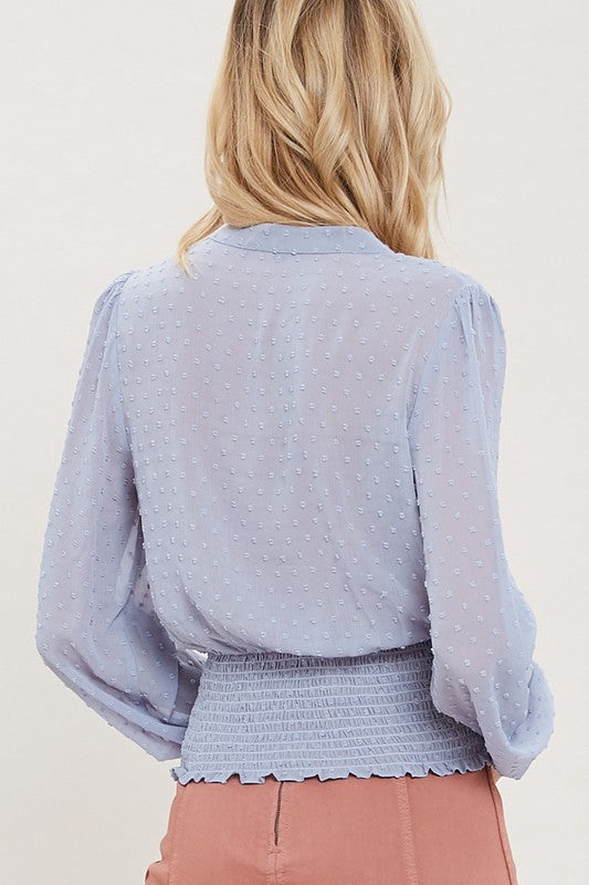 Swiss Dot Button Down Sheer Sleeve Blouse with Smocked Waist in Misty Blue