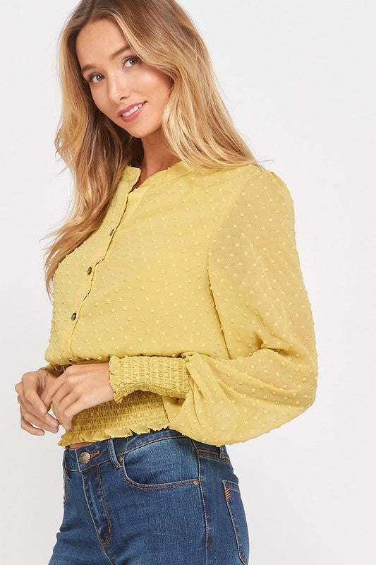 Swiss Dot Button Down Sheer Sleeve Blouse with Smocked Waist in Yellow Lime