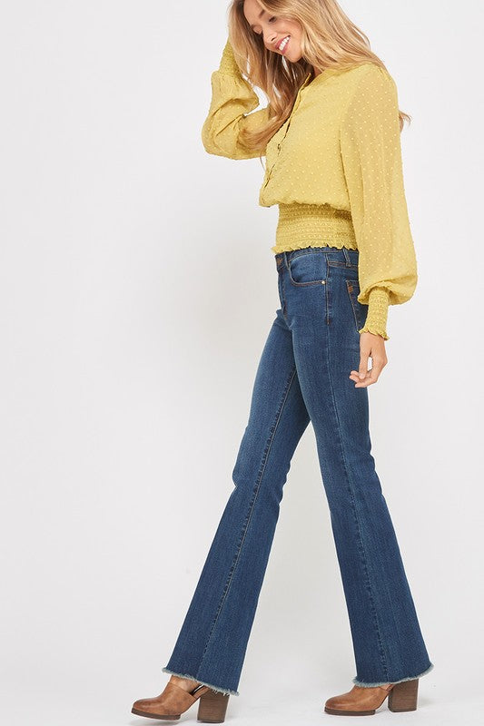 Swiss Dot Button Down Sheer Sleeve Blouse with Smocked Waist in Yellow Lime