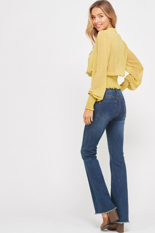 Swiss Dot Button Down Sheer Sleeve Blouse with Smocked Waist in Yellow Lime