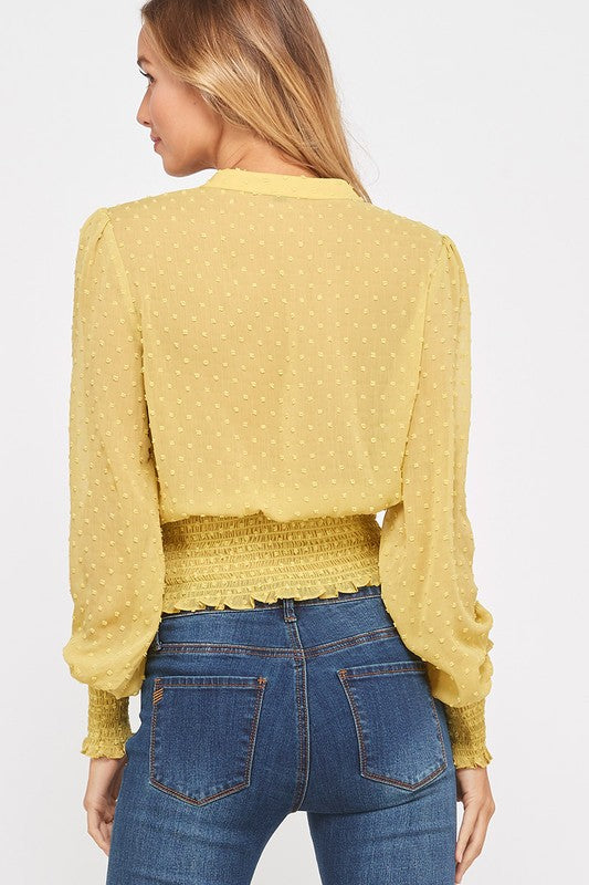 Swiss Dot Button Down Sheer Sleeve Blouse with Smocked Waist in Yellow Lime