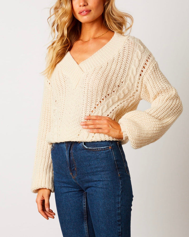 Final Sale - Better Now - Ribbed Trim Bishop Sleeve Sweater - Ivory
