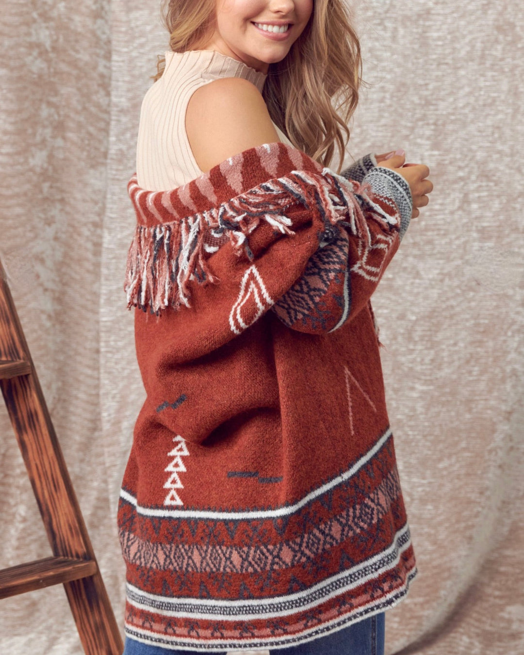 Bohemian Winter Fringe Detail Knit Retro Cardigan in Cinnamon