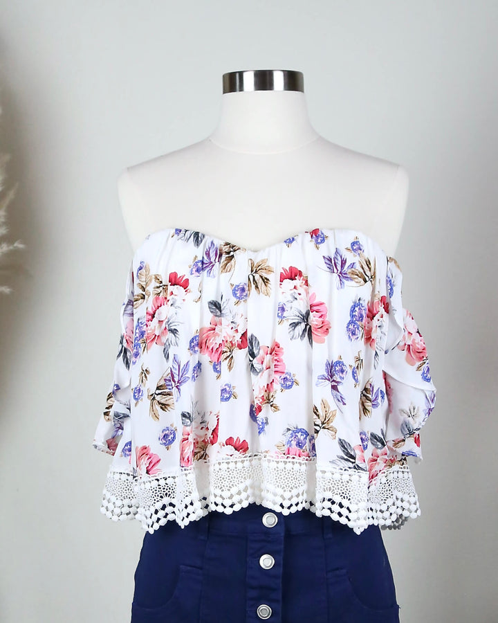 boho - chic - off the shoulder - crop top - lace trim - floral - white multi