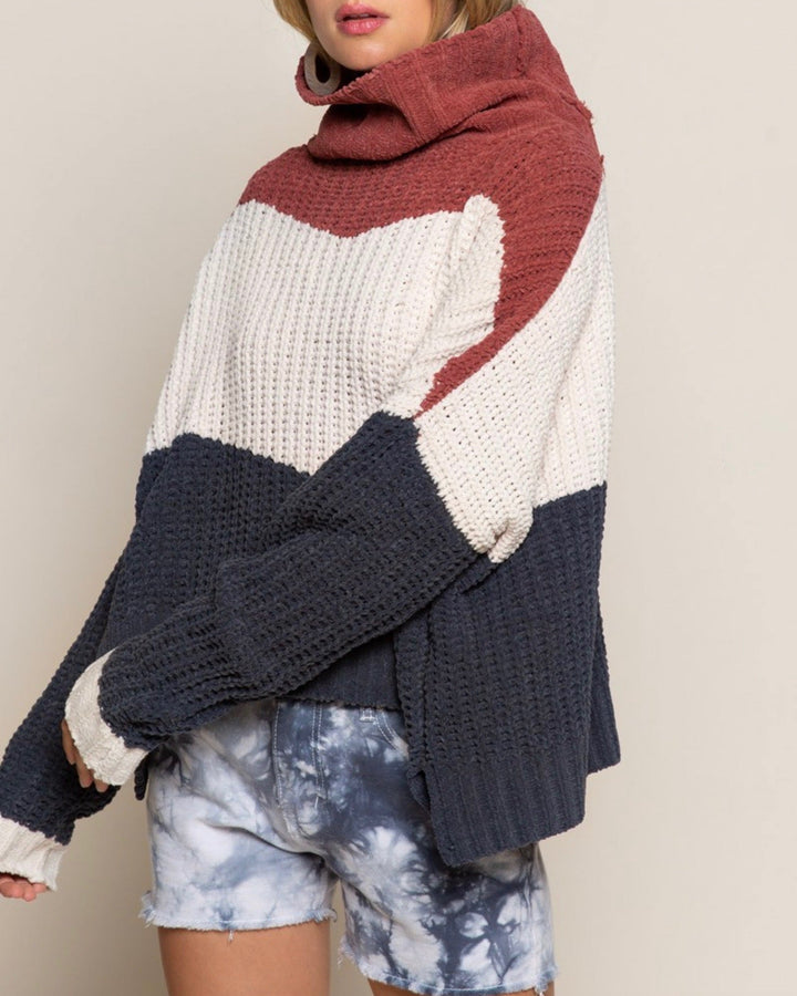Color Block Rib Textured Turtle Neck Sweater In Ginger Rose Multi