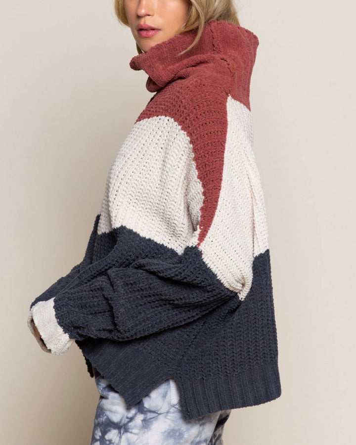 Color Block Rib Textured Turtle Neck Sweater In Ginger Rose Multi