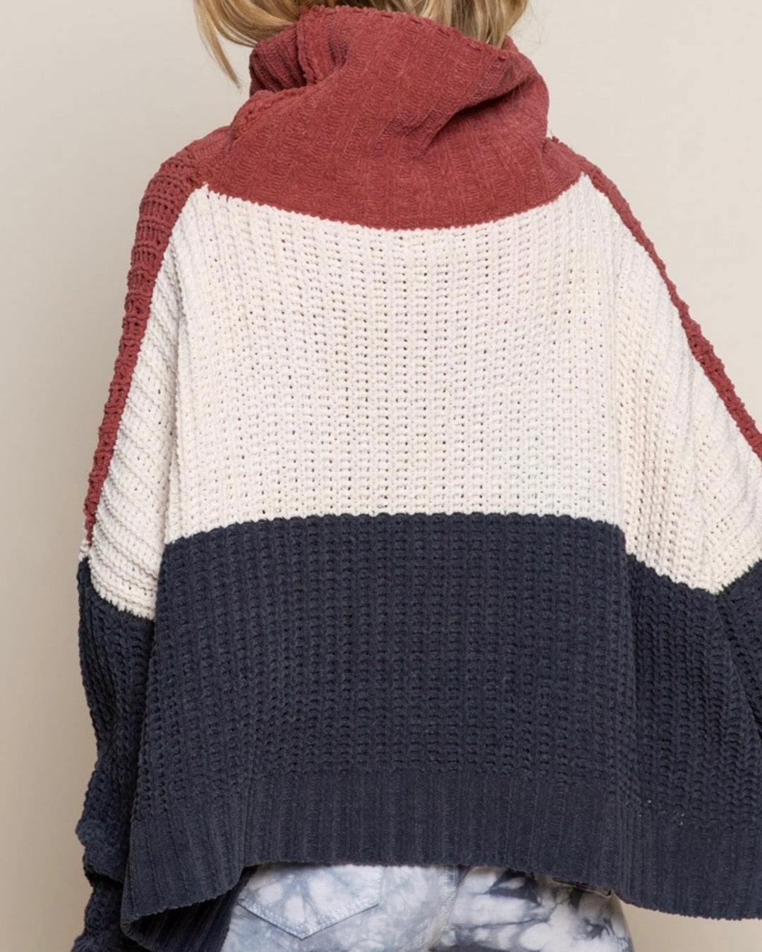 Color Block Rib Textured Turtle Neck Sweater In Ginger Rose Multi