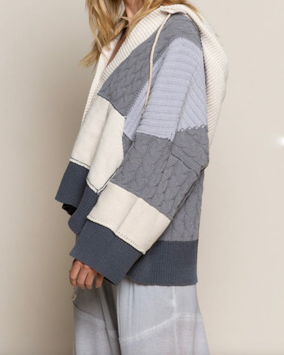 Color Block Weave Sweater Knit Cardigan in Charcoal Multi