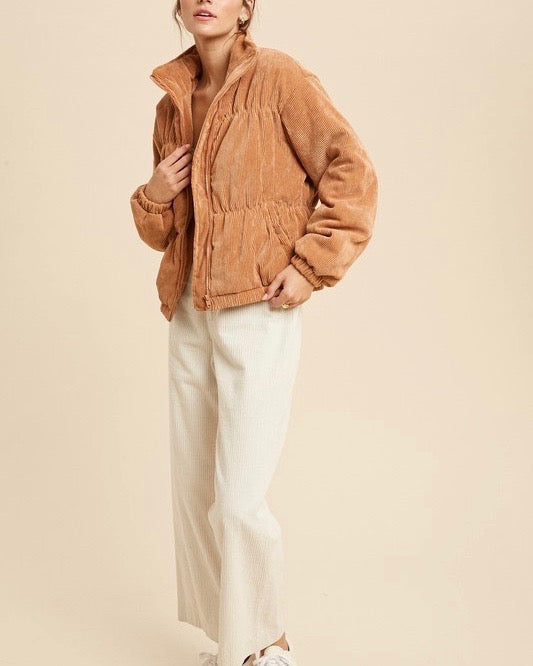 Cassidy Corduroy High Collared Bomber Jacket in Camel