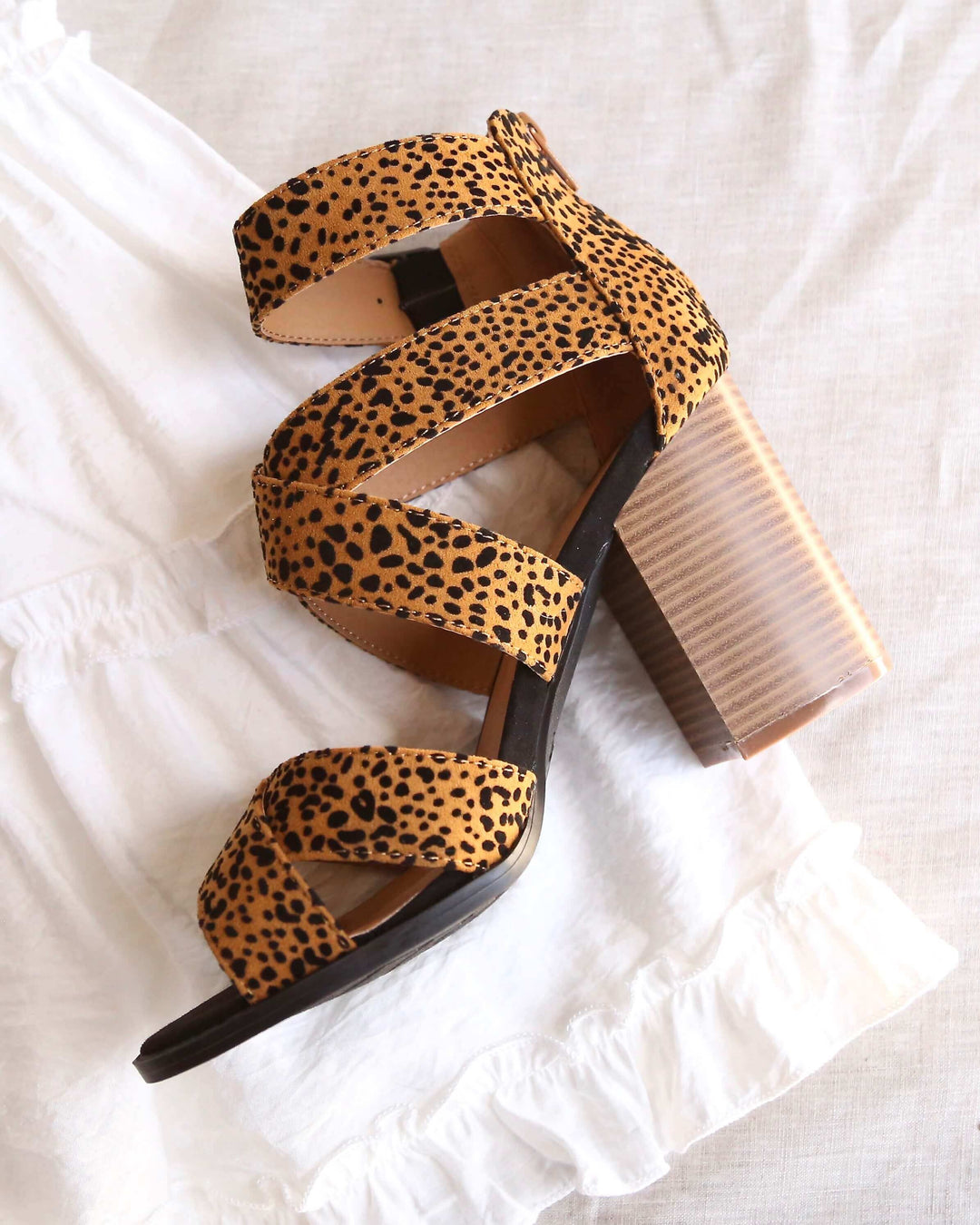 Wild Night Out Textured Suede Open Toe Strappy Sandals in Camel/Black Leopard