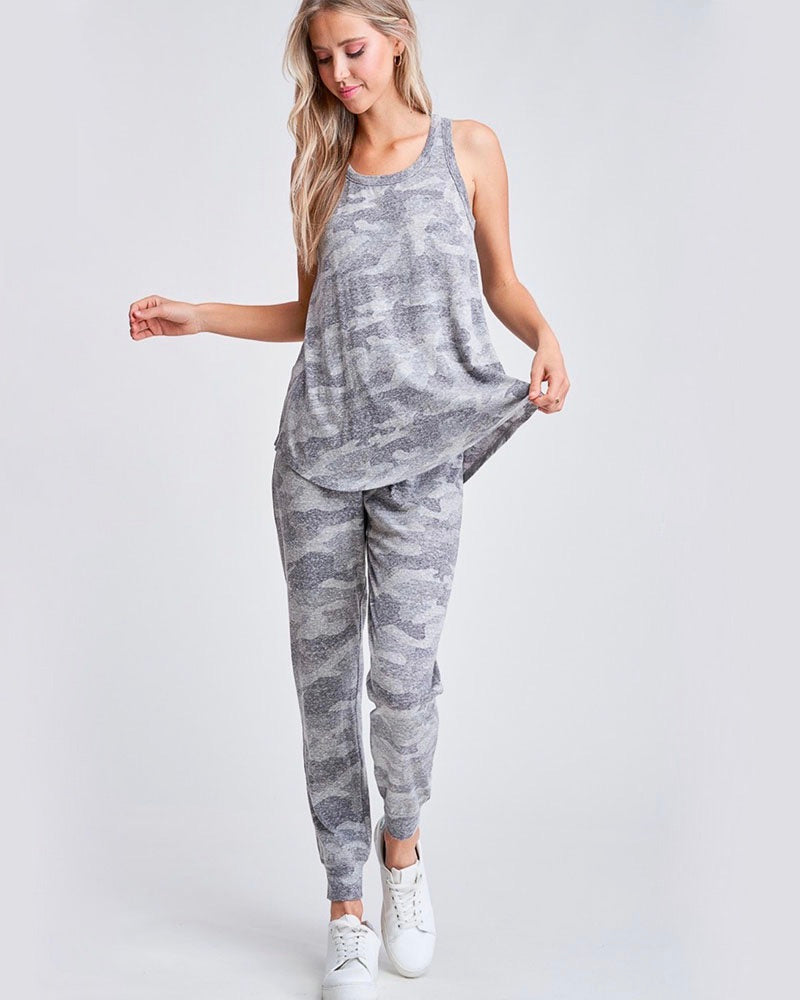 Camo Print Lounge Wear Set - Grey