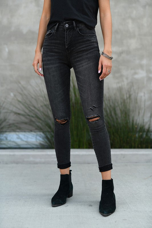 Clara Faded Dark Grey High Rise Distressed Skinny Jeans