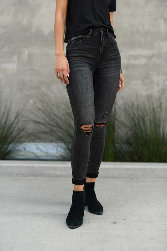 Clara Faded Dark Grey High Rise Distressed Skinny Jeans