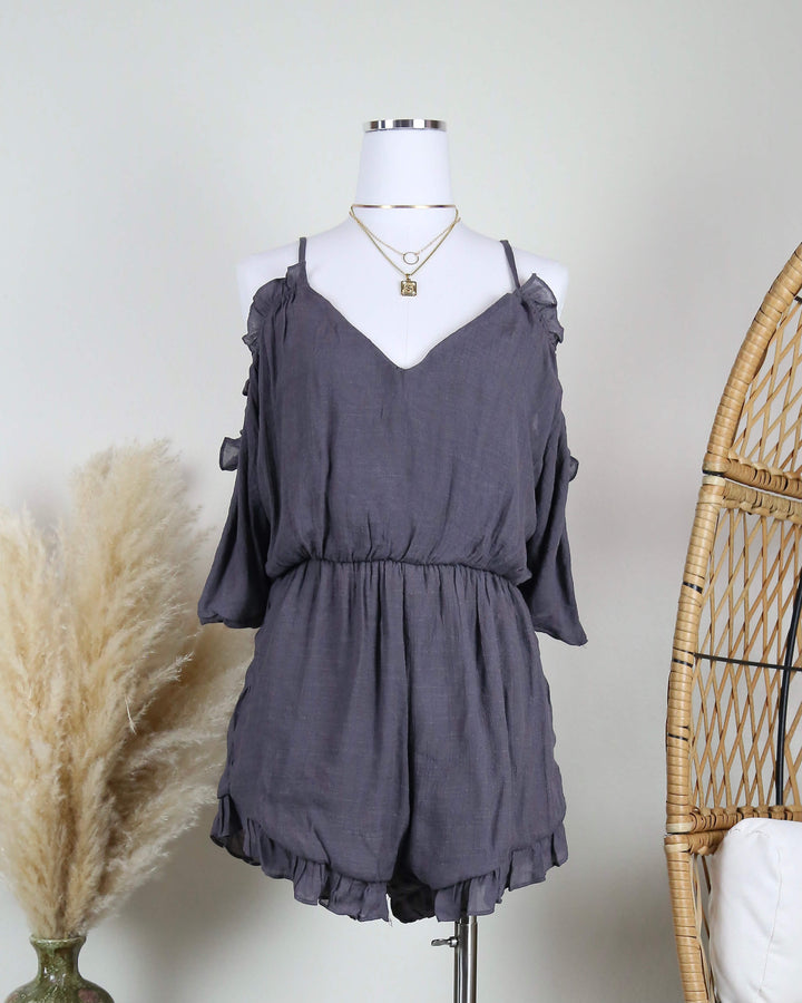 Crinkled Peek-a-Boo Shoulder Romper with Ruffle Hem - More Colors