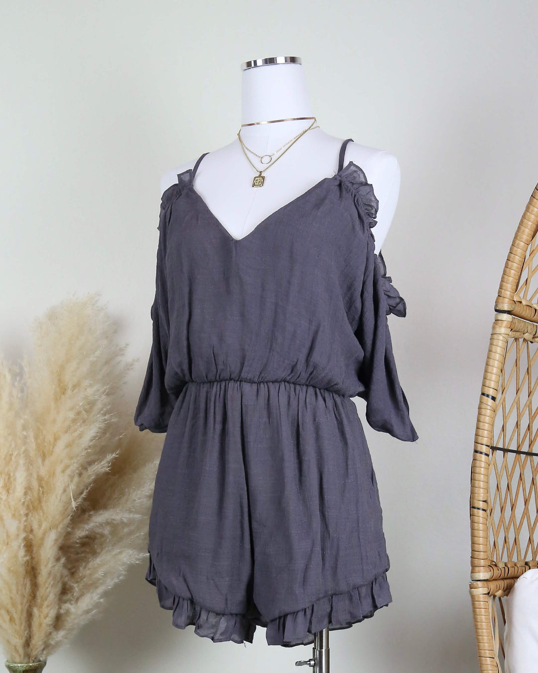 Crinkled Peek-a-Boo Shoulder Romper with Ruffle Hem - More Colors