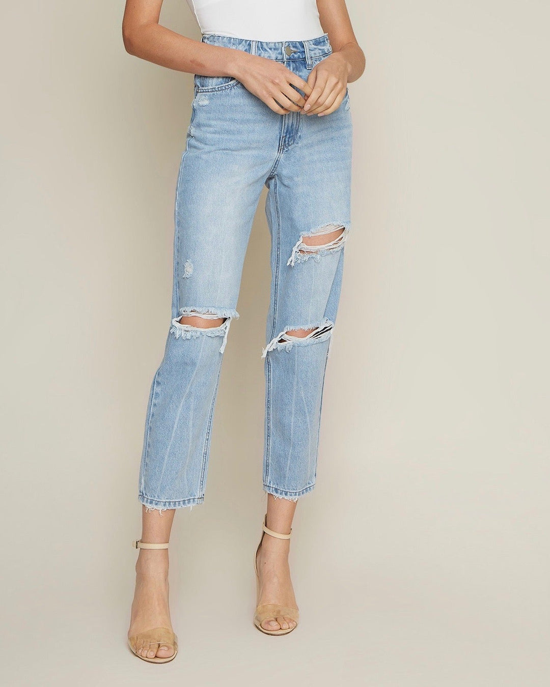 Thalia Distressed High Waisted Denim Mom Jeans in Light Wash