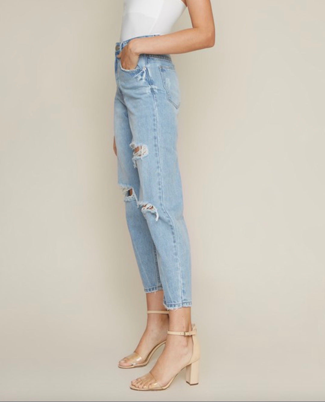 Thalia Distressed High Waisted Denim Mom Jeans in Light Wash