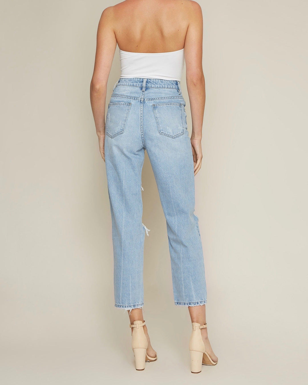 Thalia Distressed High Waisted Denim Mom Jeans in Light Wash