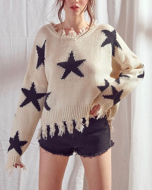 Dakota Distressed Star Print Knit Pullover in Ivory/Black