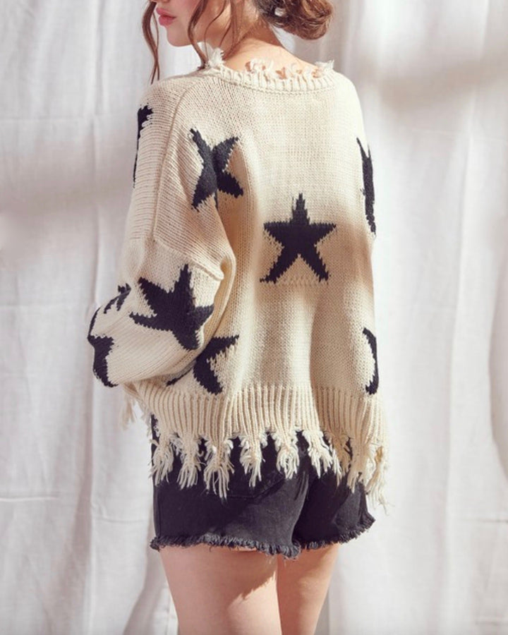 Dakota Distressed Star Print Knit Pullover in Ivory/Black