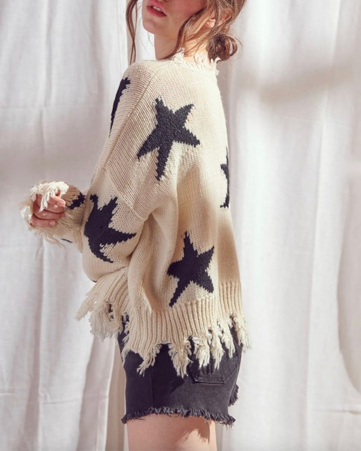 Dakota Distressed Star Print Knit Pullover in Ivory/Black